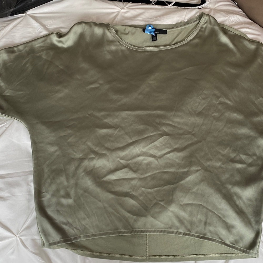 White House Black market sage green raw edge satin and cotton shirt